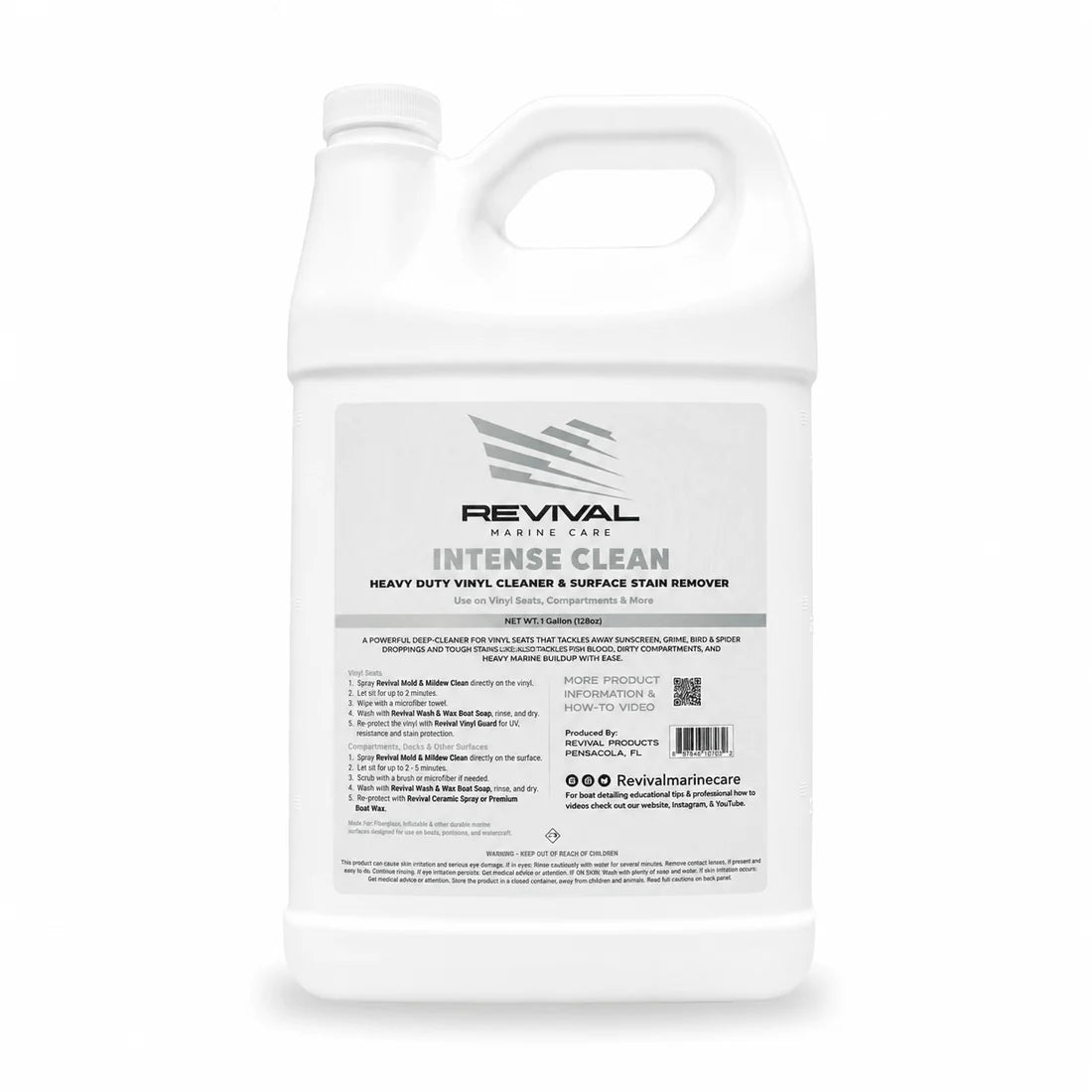 Una galón de plástico blanco del limpiador de vinilo de alta resistencia y quitamanchas superficiales Intense Clean de Revival Products, mostrada sobre un fondo blanco liso.
