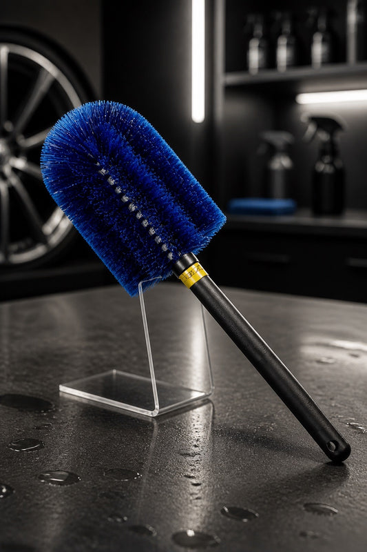 Cepillo azul para limpiar coches sobre una superficie negra y con el fondo desenfocado.
